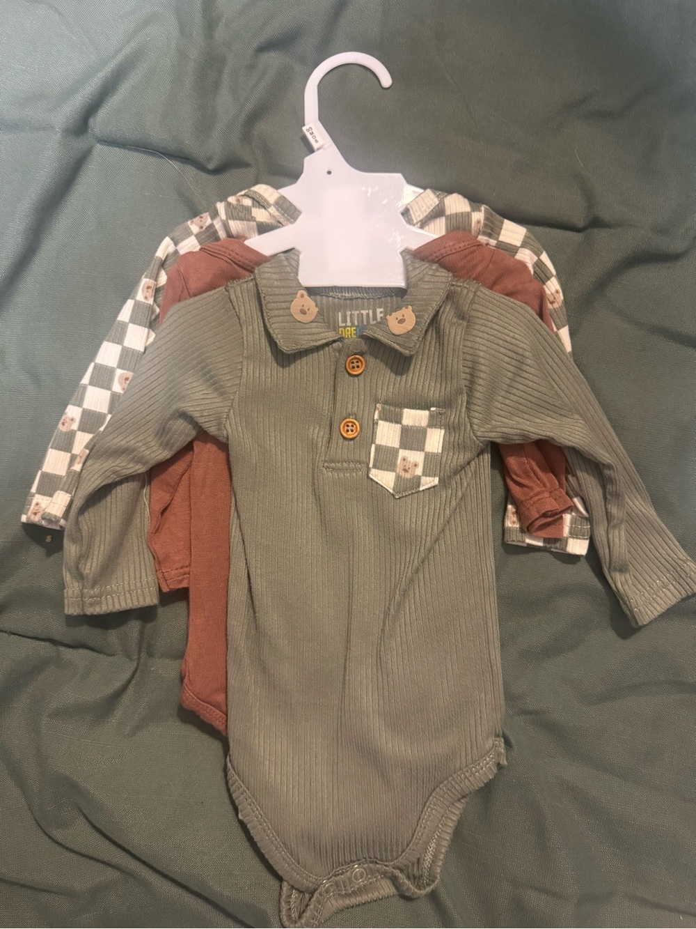 Little Beginnings Green Ribbed Polo Baby Bodysuit with Check Pocket